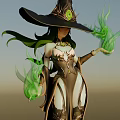 Mystical Game Movie Character With Wide Brimmed Hat Green Hair And Green Magical Flames