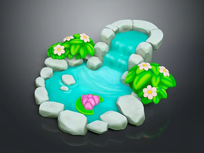 Cartoon Scene With Stone Border Small Stream Lotus Flower Green Leaves And White Blossoms 3d model
