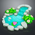 Cartoon Scene With Stone Border Small Stream Lotus Flower Green Leaves And White Blossoms