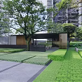 Modern High Rise Residential Landscape With Street Entrance Car And Trees