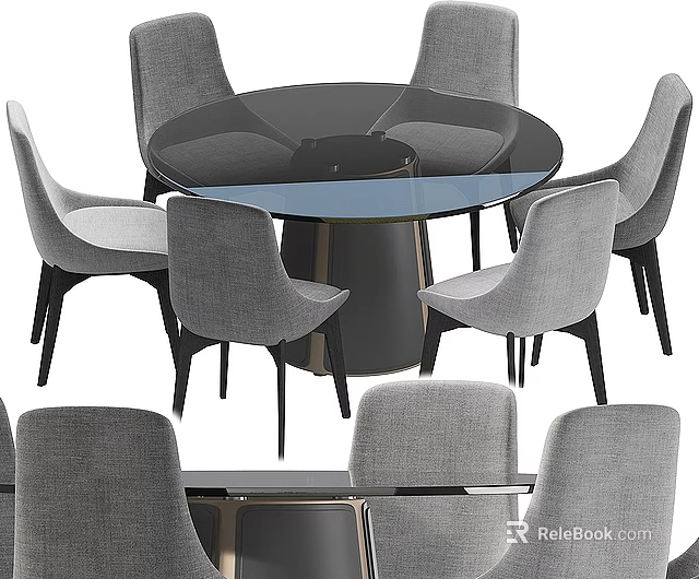 Modern Round Dining Table Set With Glass Top And Comfortable Gray Chairs 3d model