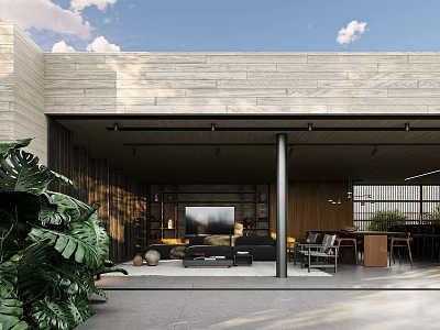 Modern Garden Landscape With Open Design Stone Wall And Lush Leafy Plants 3d model