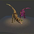 Two Colorful Dinosaurs Standing on Sandy Ground with Red Yellow Green Stripes Opening Mouths