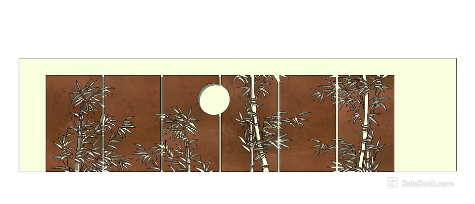 Bamboo Themed Feature Wall Design With Circular Moon And Brown Paneled Background 3d model