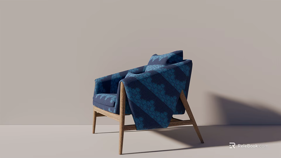 Blue Patterned Single Sofa Featuring Wooden Legs Modern Armrest And Soft Upholstery 3d model 