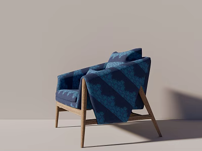 Blue Patterned Single Sofa Featuring Wooden Legs Modern Armrest And Soft Upholstery 3d model