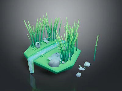 Natural Scenic View With Green Grass Small Stream Stones And Tall Grass On Hexagonal Platform 3d model