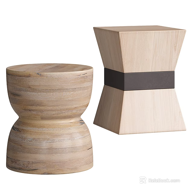 Stylish Wooden Side Tables Round and Square with Natural Wood Grain and Black Band Details 3d model 