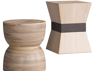 Stylish Wooden Side Tables Round and Square with Natural Wood Grain and Black Band Details 3d model