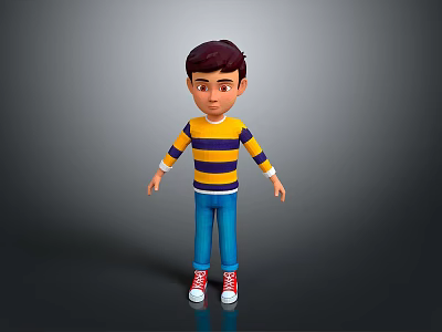 Child 3D Character With Brown Hair Yellow Blue Striped Shirt Blue Pants Red Sneakers 3d model