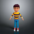 Child 3D Character With Brown Hair Yellow Blue Striped Shirt Blue Pants Red Sneakers