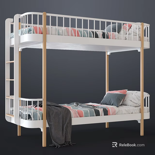 Cozy Bunk Bed With White Frame Wooden Ladder Striped Sheets Pillows And Gray Blanket 3d model 