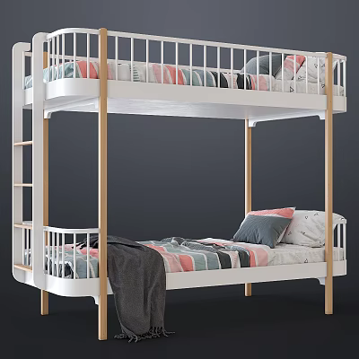 Cozy Bunk Bed With White Frame Wooden Ladder Striped Sheets Pillows And Gray Blanket 3d model