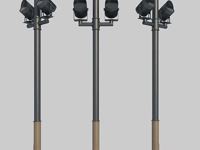 Three Outdoor Lights With Black Lamp Heads On Dark Gray Poles And Brown Bases 3d model