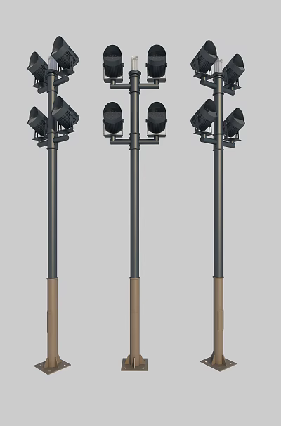 Three Outdoor Lights With Black Lamp Heads On Dark Gray Poles And Brown Bases 3d model Three Outdoor Lights With Black Lamp Heads On Dark Gray Poles And Brown Bases 3d model
