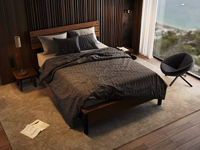 Wooden Double Bed With Gray Bedding Nightstand Table Lamp Rug And Black Chair Sea View 3d model