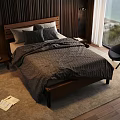 Wooden Double Bed With Gray Bedding Nightstand Table Lamp Rug And Black Chair Sea View
