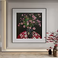Botanical Painting of Pink Flowers in Vase on Patterned Tablecloth for Living Room Wall Decor