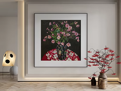 Botanical Painting of Pink Flowers in Vase on Patterned Tablecloth for Living Room Wall Decor 3d model
