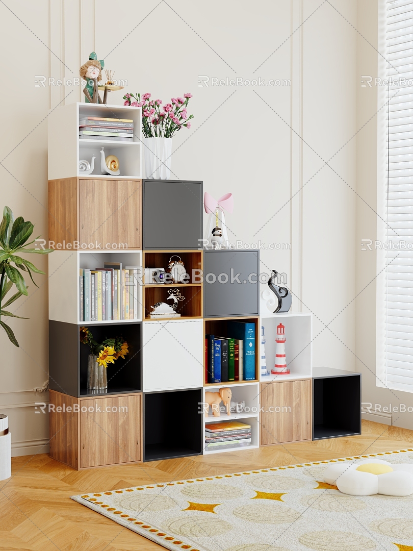 Free Combination Plaid Cabinet Lattice Bookshelf Storage Cabinet Small Cabinet Floor Bookcase Bookshelf Storage Cabinet Stairs Lower Cabinet 3d model