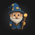 Cute Wizard Gnome Character With Blue Starry Hat White Beard And Glowing Magic Wand 3d model