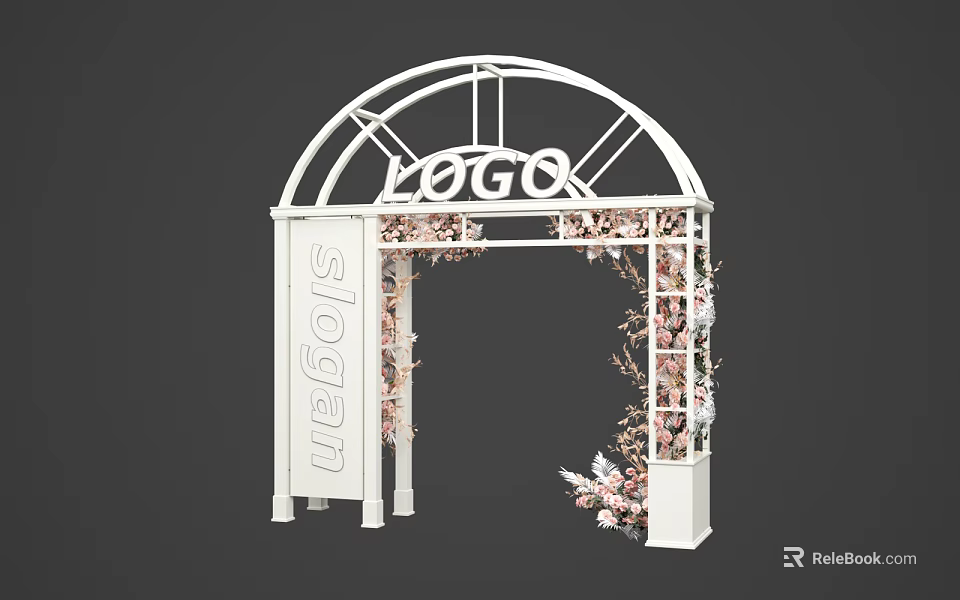Elegant White Archway with LOGO Slogan and Pink Floral Decorations 3d model 
