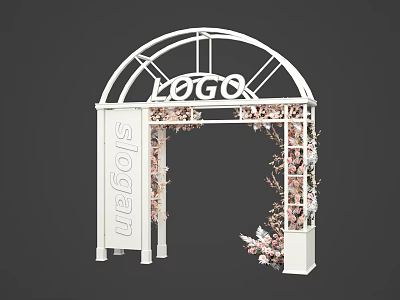Elegant White Archway with LOGO Slogan and Pink Floral Decorations 3d model
