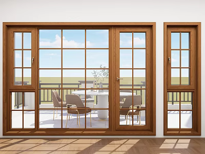 Wooden Casement Windows Modern Design With Outdoor Garden View And Wooden Flooring 3d model