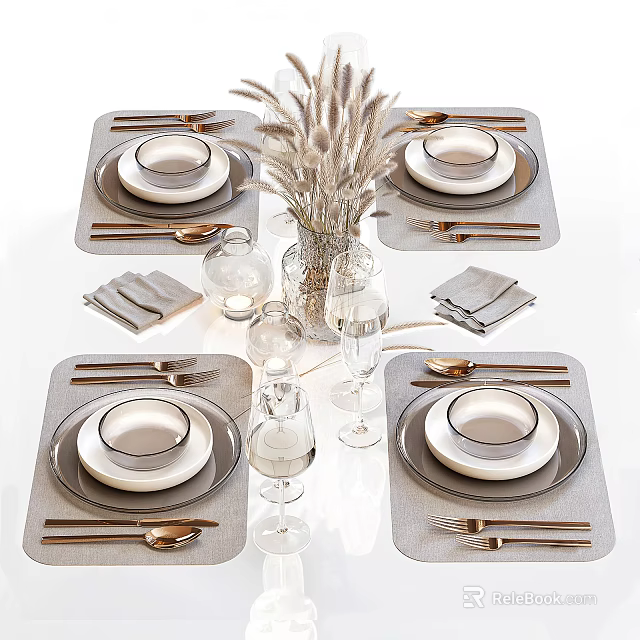 Elegant Dinnerware Set with Golden Cutlery White Plates Grey Placemats Wine Glasses and Decorative Vase 3d model 