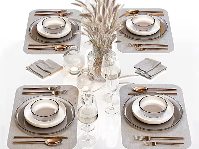 Elegant Dinnerware Set with Golden Cutlery White Plates Grey Placemats Wine Glasses and Decorative Vase 3d model