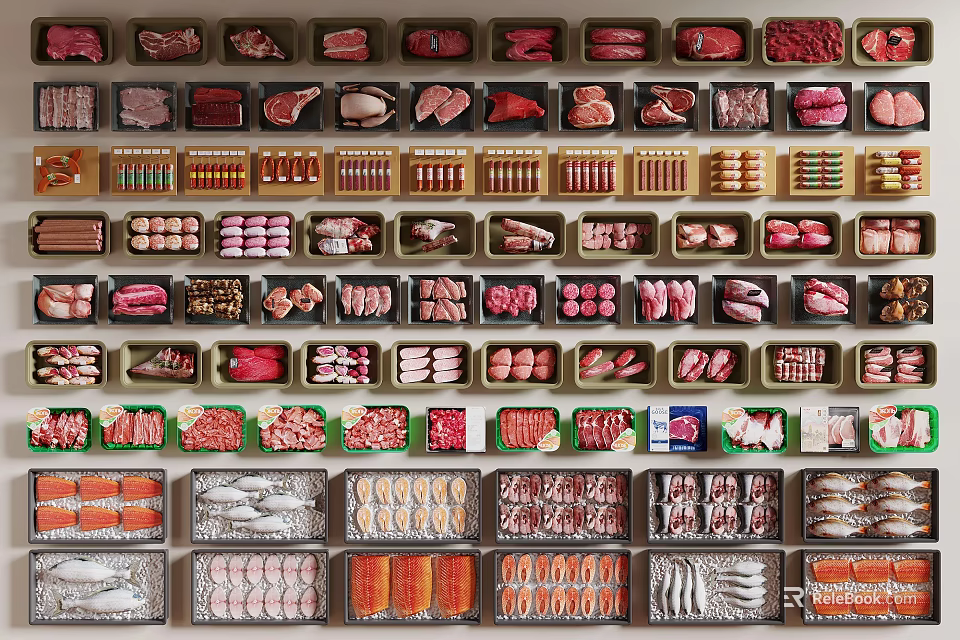 Fresh Packaged Meats And Seafood Various Types Organized Display In Market 3d model 