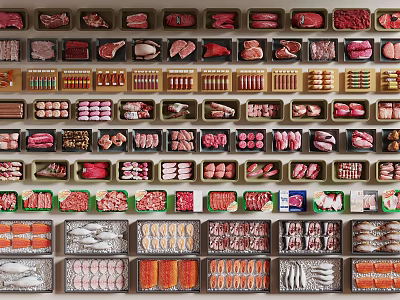 Fresh Packaged Meats And Seafood Various Types Organized Display In Market 3d model