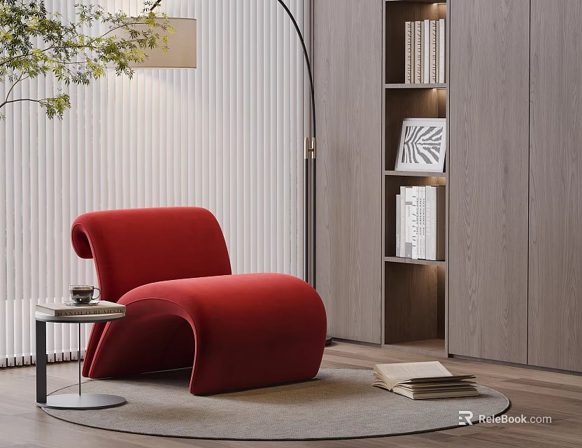Red Curved Single Sofa Velvet Upholstery in Modern Room with Side Table Floor Lamp 3d model 