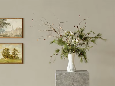 White Vase With Pine Branches White Blooms And Pine Cones On Marble Stand 3d model