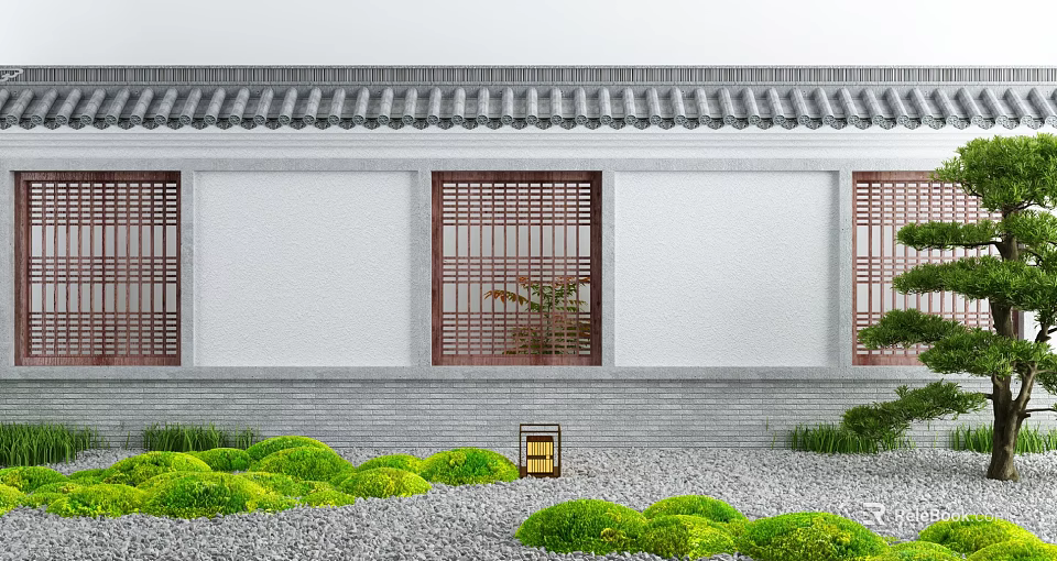 Traditional Chinese Style Building Exterior With Grey Roof And Wooden Lattice Windows 3d model 