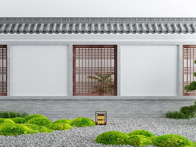 Traditional Chinese Style Building Exterior With Grey Roof And Wooden Lattice Windows 3d model