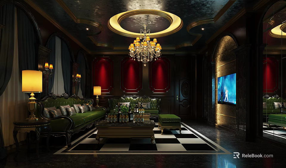 Luxury KTV Room Interior With Chandelier Green Sofa Red Walls And Checkerboard Floor 3d model 