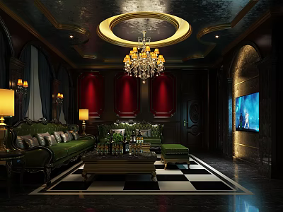 Luxury KTV Room Interior With Chandelier Green Sofa Red Walls And Checkerboard Floor 3d model