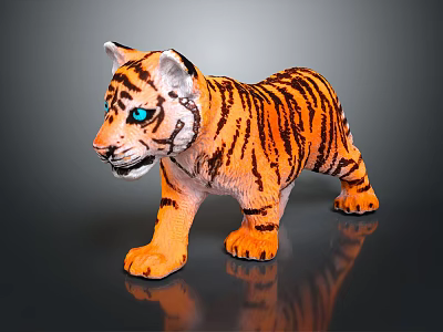 Tiger Cub Toy With Orange Black Stripes And Blue Eyes Standing On Reflective Surface 3d model