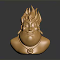 Game Movie Character Golden Bust Featuring Flame Like Head Detailed Facial Expression And Decorative Necklace