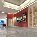 Chinese Style Cultural Center Interior Hall With Wooden Ceiling And Calligraphy Decorations