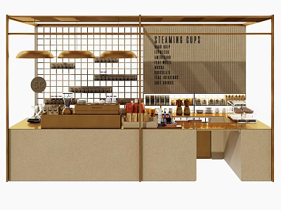 Modern Café Interior With Wooden Bar Counter Hanging Lights And Coffee Products 3d model
