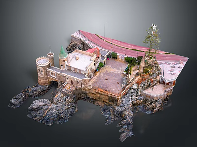 Scenic Rocky Landscape With Castle Like Tower Green Roof Red Road And Lush Vegetation 3d model
