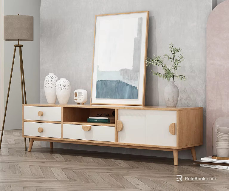 Modern Light Wood and White TV Stand with Decorative Vases Sculpture Painting and Potted Plant 3d model 