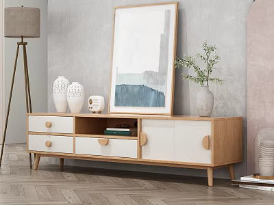 Modern Light Wood and White TV Stand with Decorative Vases Sculpture Painting and Potted Plant 3d model