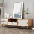 Modern Light Wood and White TV Stand with Decorative Vases Sculpture Painting and Potted Plant