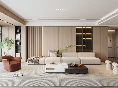 Modern Living Room Interior With Beige Sofa Brown Armchair Wooden Walls Coffee Table And Plants 3d model