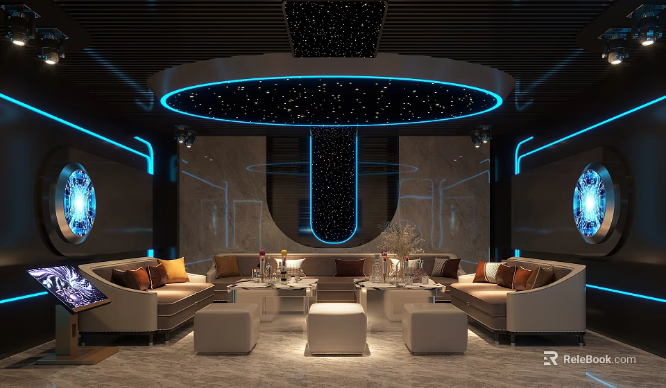 Modern KTV Interior Design With Starry Ceiling Blue Neon Lights And Comfortable Sofas Coffee Tables 3d model 