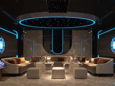 Modern KTV Interior Design With Starry Ceiling Blue Neon Lights And Comfortable Sofas Coffee Tables 3d model