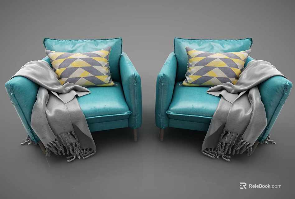 Two Blue Armchairs With Yellow Gray Geometric Pattern Pillows And Gray Blanket 3d model